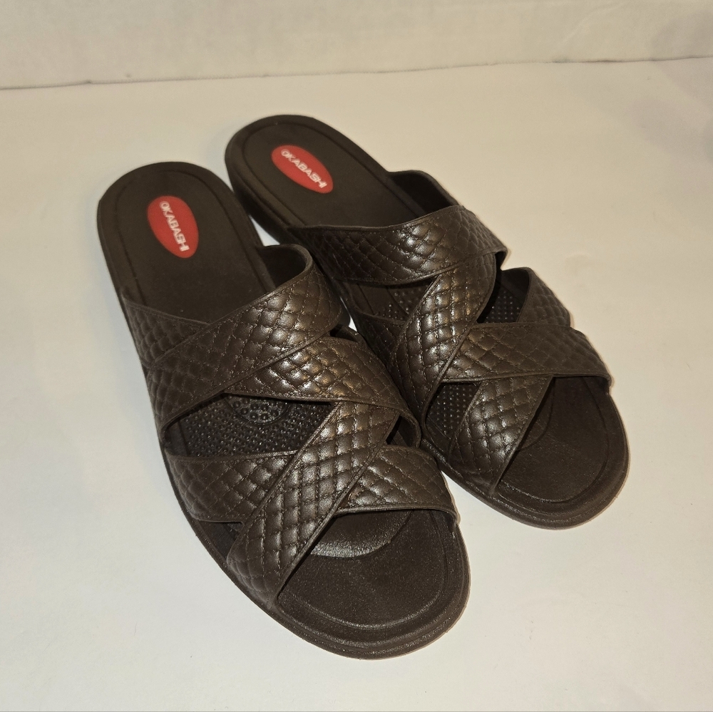 OKABASHI Women’s Cross Brown Strap Flip Flops Sandals Eco-Friendly Size 8-9